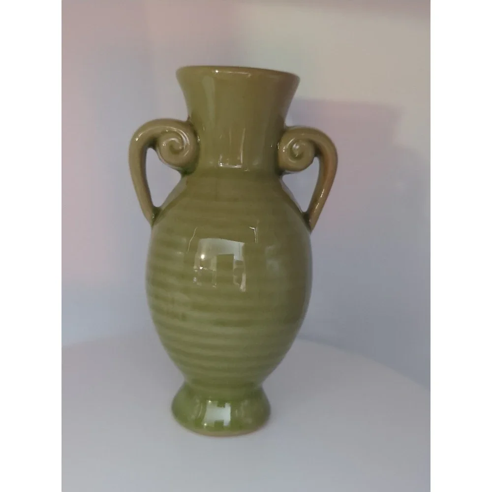 Vintage Green Ceramic Bud Vase Double Spiral Handles Ribbed Crackle Glaze 4